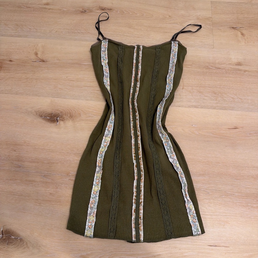 Urban Outfitters Olive Green Knit Slip Dress with Floral Trim